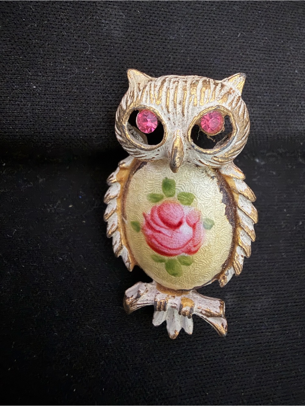 Vintage Owl Brooch with Pink Rose and Pink Rhinestone Eyes